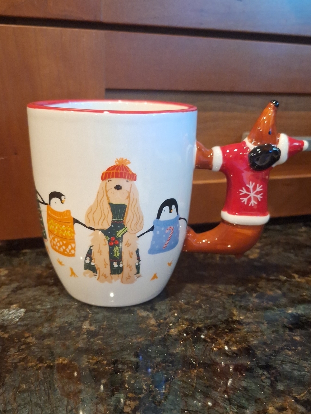 Cost Plus World Market White Ceramic Mug with Animals And Dog Handle